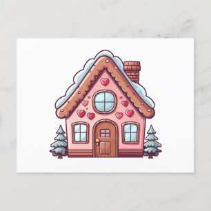 Cute Pink Gingerbread House Holiday Postcard