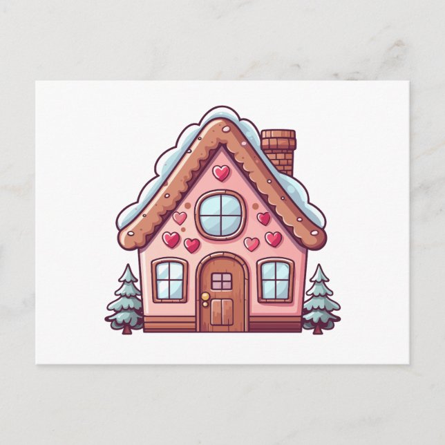 Cute Pink Gingerbread House Holiday Postcard (Front)