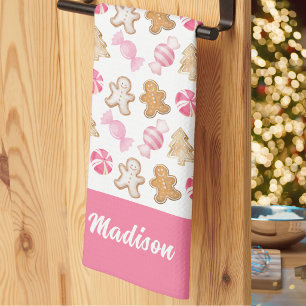 Cute Pink Gingerbread Pattern Personalised Baking Tea Towel