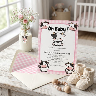 Cute Pink Gingham Baby Moo Cow Baby Shower Invitation