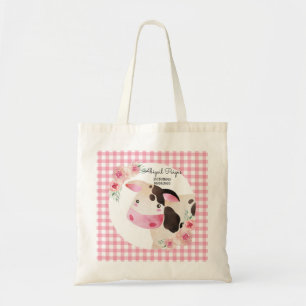 Cute Pink Gingham Cow Birthday Farm Animals Tote Bag