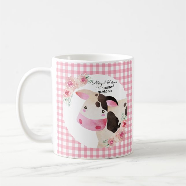Cute Pink Gingham Floral Cow Farm Animal Coffee Mug (Left)