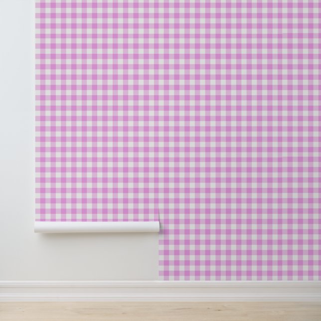 Cute Pink Gingham Pattern Peel and Stick Wallpaper (Application)