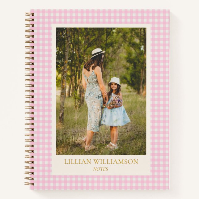 Cute Pink Gingham Photo Personalised Notes Journal (Front)