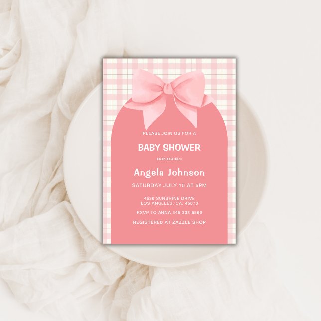 Cute Pink Gingham Plaid Arch Bow Girl Baby Shower  Invitation (Cute Pink Gingham Plaid Arch Bow Girl Baby Shower Invitation)