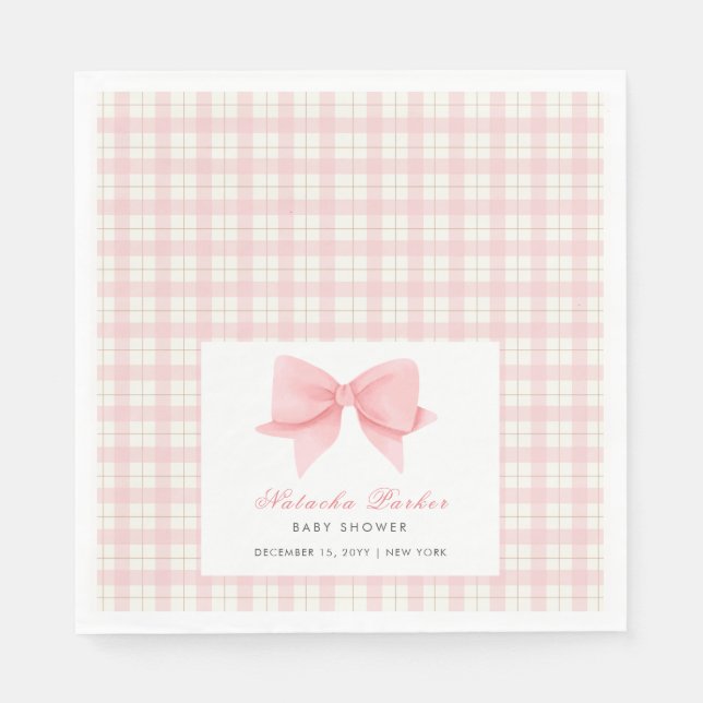 Cute Pink Gingham Plaid Bow Girl Baby Shower  Napkin (Front)