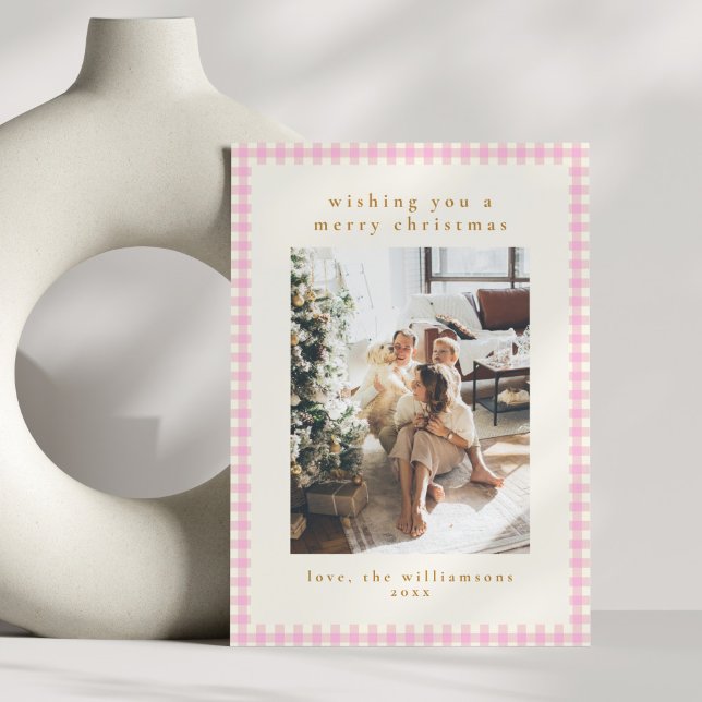Cute Pink Gingham Plaid Portrait Photo Christmas Holiday Card (Creator Uploaded)