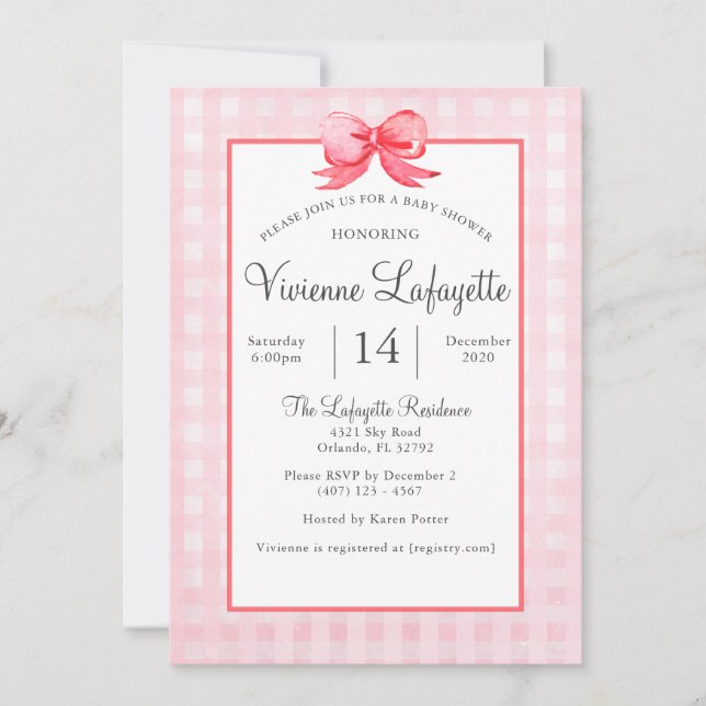 Cute Pink Gingham Red Bow Baby Shower Invitation (Front)