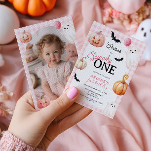 Cute Pink Gingham Spooky One Photo First Birthday Invitation