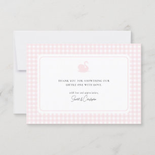 Cute Pink Gingham Swan Baby Shower Thank You Card 