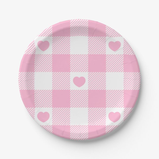 Cute Pink Gingham Vichy With Hearts Paper Plate (Front)