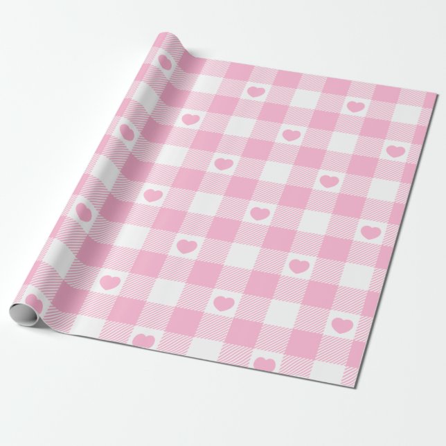 Cute Pink Gingham Vichy With Hearts Wrapping Paper (Unrolled)
