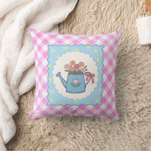 Cute Pink Gingham Watering Can Floral Cushion