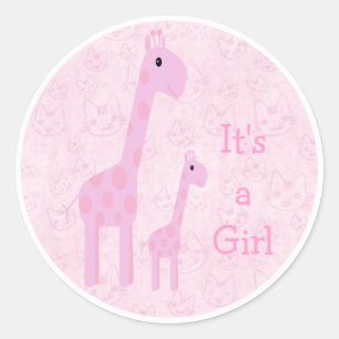 Cute Pink Giraffes & Cats Its A Girl New Baby Classic Round Sticker