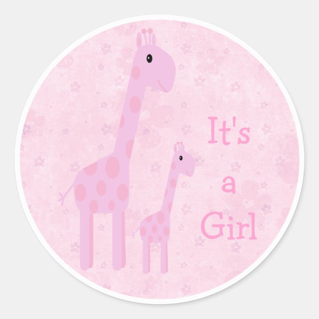 Cute Pink Giraffes & Flowers Its A Girl New Baby Classic Round Sticker (Front)