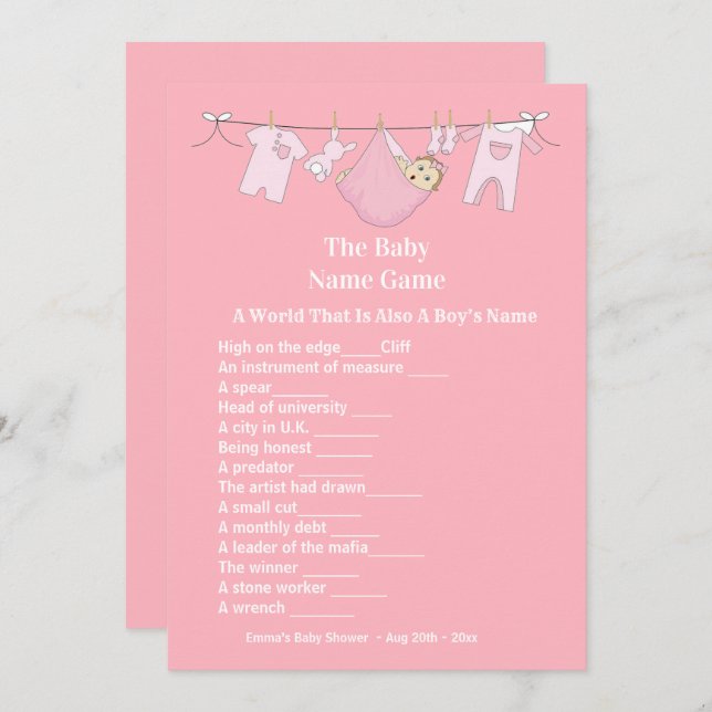 Cute Pink Girl Baby Shower Guessing Game  Invitation (Front/Back)
