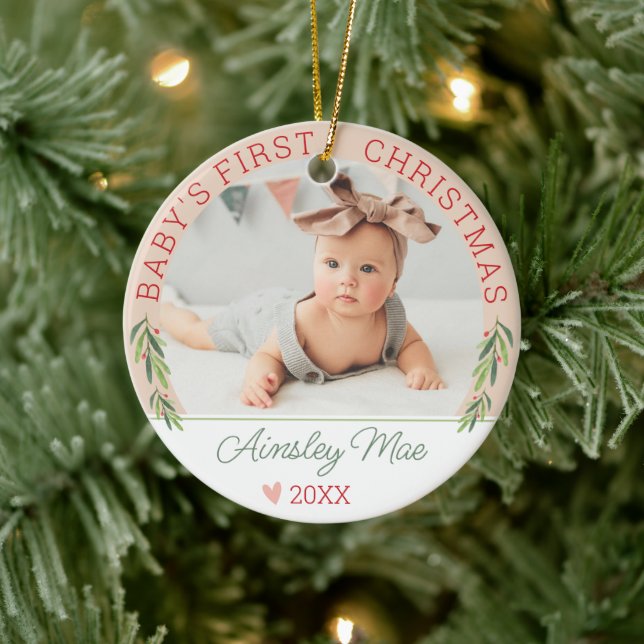Cute Pink Girl Baby's First Christmas Photo Name Ceramic Ornament (Tree)