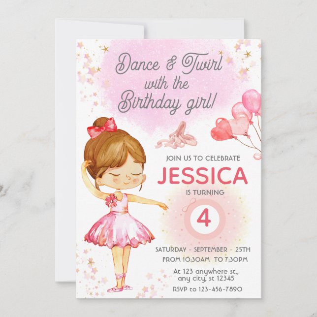 Cute Pink girl birthday ballet party Invitation (Front)