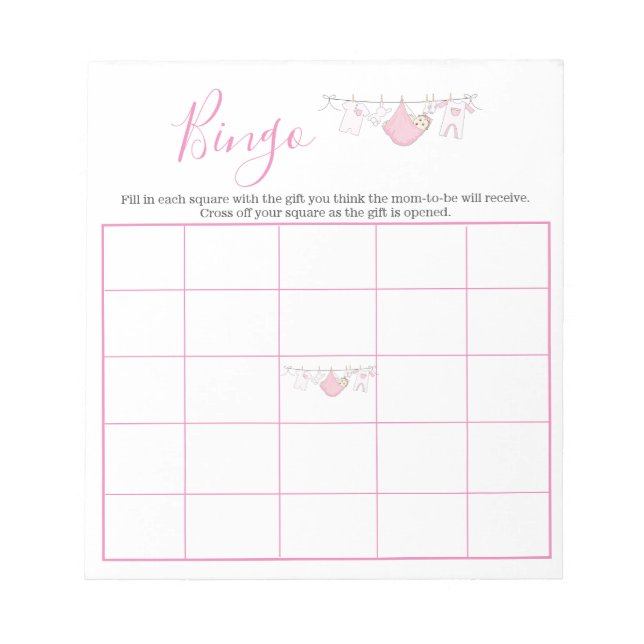 Cute Pink Girl Clothesline Baby Shower Bingo Game Notepad (Front)