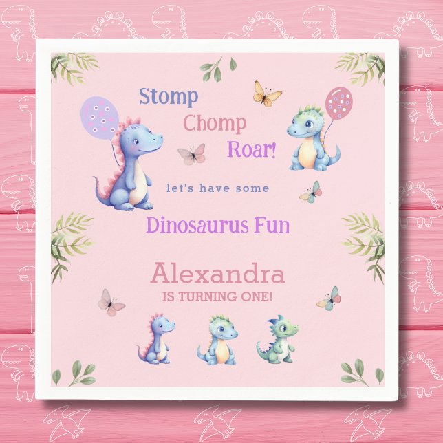 Cute Pink Girl Dinosaur 1st Birthday Party Napkin (Creator Uploaded)