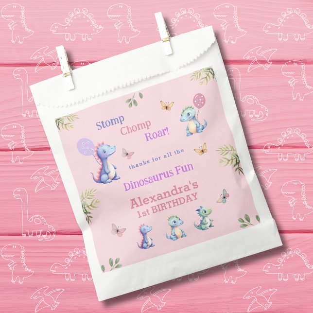Cute Pink Girl Dinosaur 1st Birthday thank you Favour Bag (Creator Uploaded)