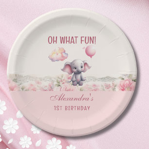 Cute Pink Girl Elephant 1st Birthday Party Paper Plate