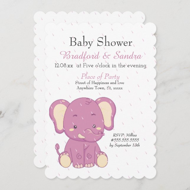 Cute Pink Girl Elephant Simple Baby Shower  Invitation (Front/Back)