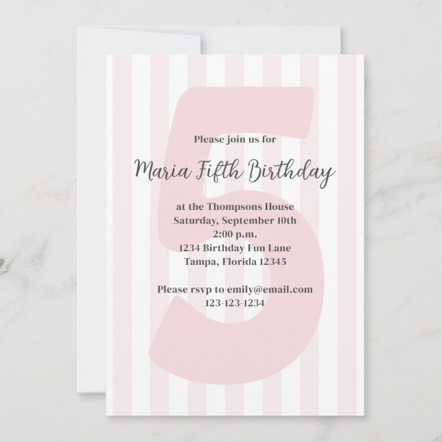Cute Pink Girl Fifth Birthday Whimsical Birthday Invitation (Front)