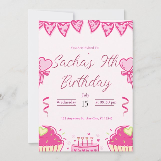 cute pink girl glitter birthday  invitation (Front)