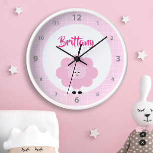 Cute Pink Girl Lamb Kawaii Kid Nursery Script Name Clock