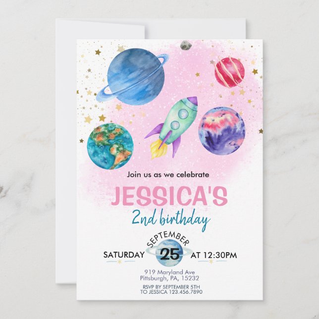  Cute Pink Girl Party Astronaut Birthday Invitation (Front)