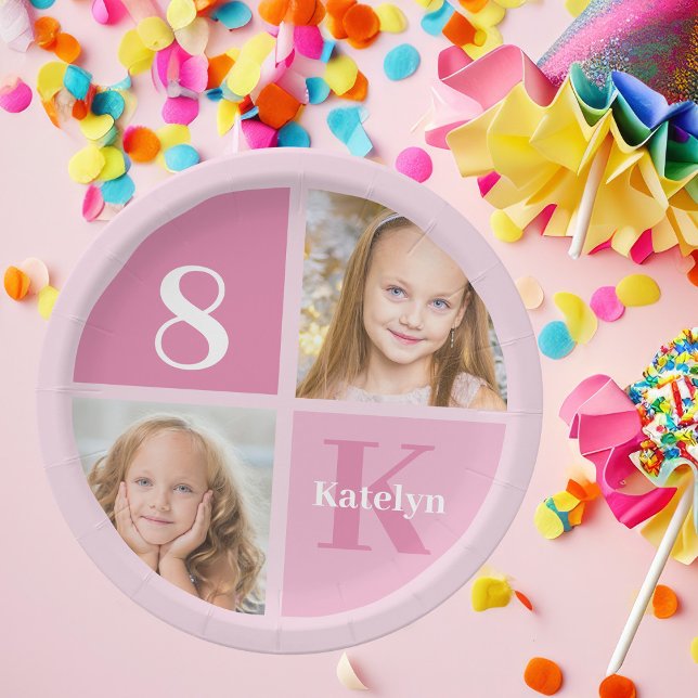 Cute Pink Girl Photo Custom Kids Birthday Party Paper Plate (Creator Uploaded)