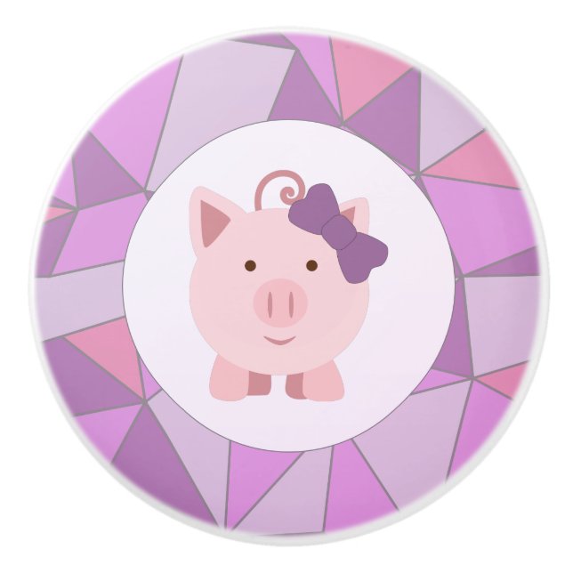 Cute Pink Girl Pig with Colourful Background Ceramic Knob (Front)