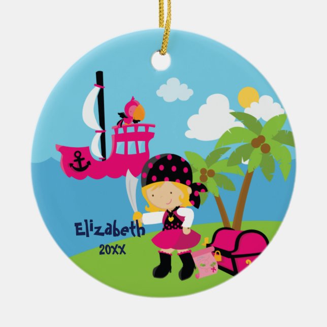 Cute Pink Girl Pirate Christmas Ornament (Front)