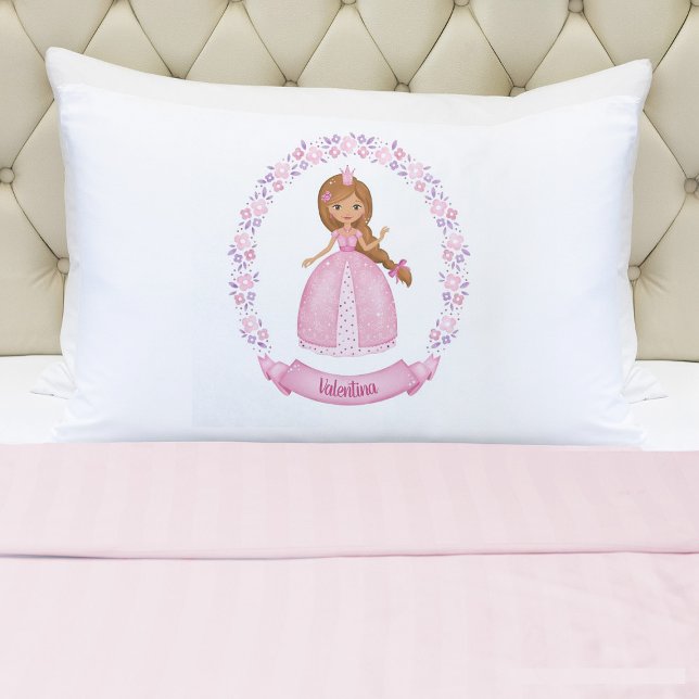 Cute Pink Girl Princess Pillowcase (A cute girls pink princess pillowcase. Personalize it with your girls name. So cute for her bed.)