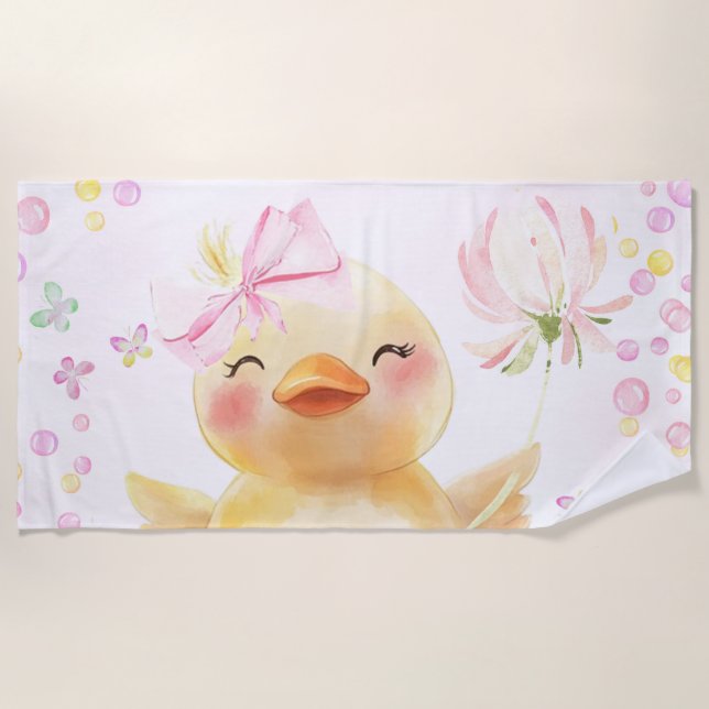 Cute Pink Girl Rubber Duck  Beach Towel (Front)