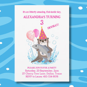 Cute Pink Girl Sea Otter Birthday Invitation