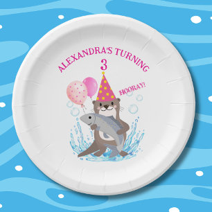 Cute Pink Girl Sea Otter Birthday Party Paper Plate