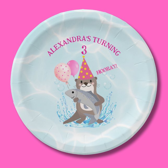 Cute Pink Girl Sea Otter Birthday Party Paper Plate (Creator Uploaded)