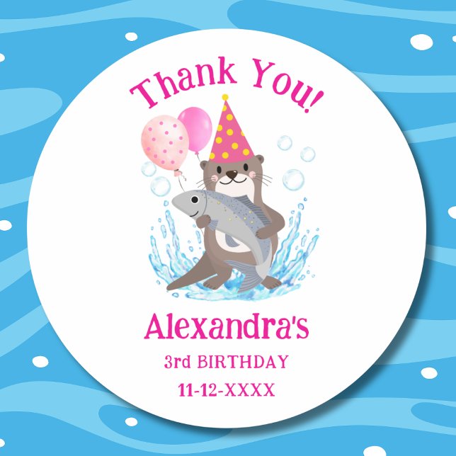 Cute Pink Girl Sea Otter Birthday Party Thank You Classic Round Sticker (Creator Uploaded)