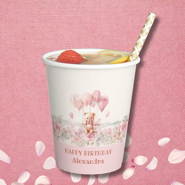 Cute Pink Girl Teddy Birthday Party Paper Cups (Creator Uploaded)