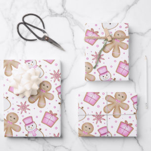 Cute Pink Girls Christmas Holiday Gingerbread Wrapping Paper Sheet