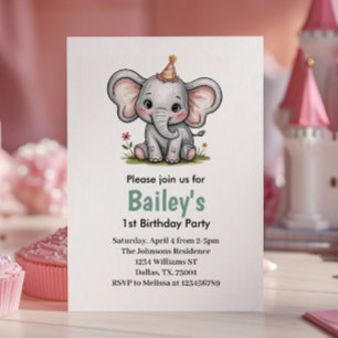 Cute Pink Girls Elephant 1st Birthday Party Invitation