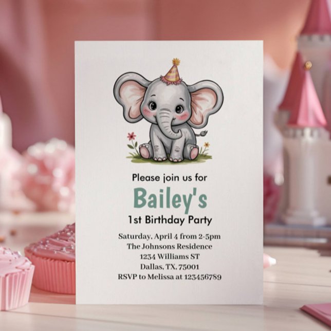 Cute Pink Girls Elephant 1st Birthday Party Invitation (Creator Uploaded)