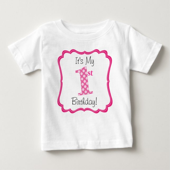 Cute Pink Girl's First Birthday Baby T-Shirt (Front)