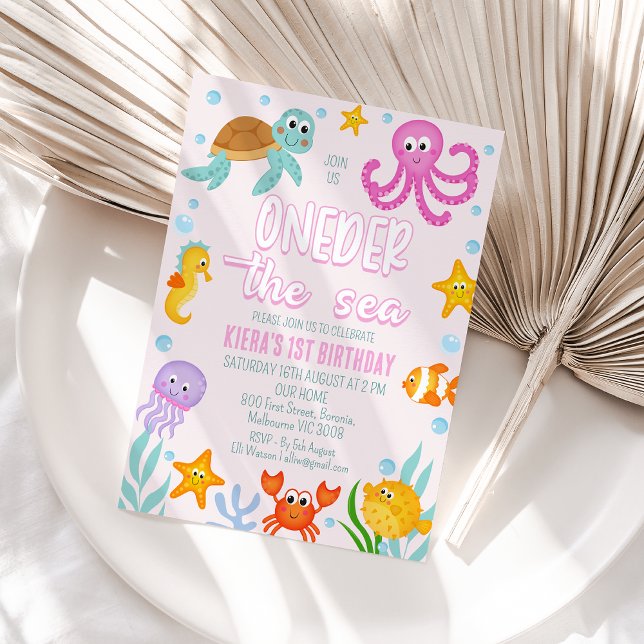 Cute Pink Girls Oneder The Sea 1st Birthday Invitation ( Pink Oneder the Sea 1st Birthday Invitation, Under the Sea Themed First Birthday Invitation)