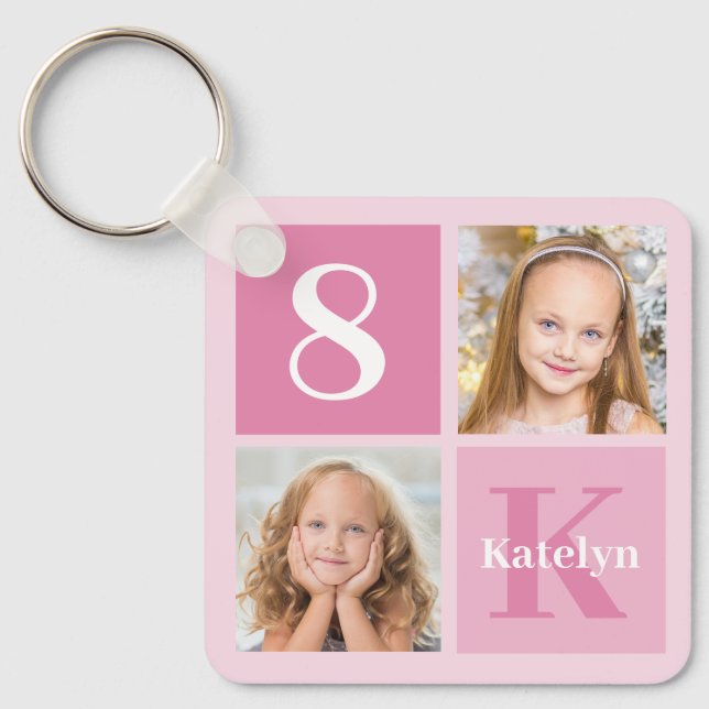 Cute Pink Girls Photo Collage Personalised Key Ring (Front)
