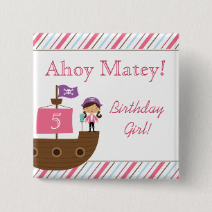 Cute pink girl's pirate birthday party buttons