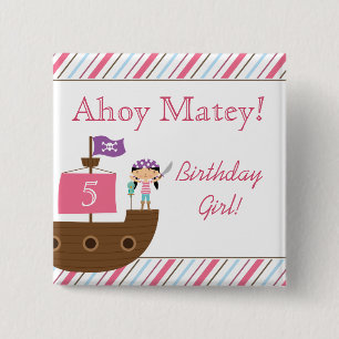 Cute pink girl's pirate birthday party buttons