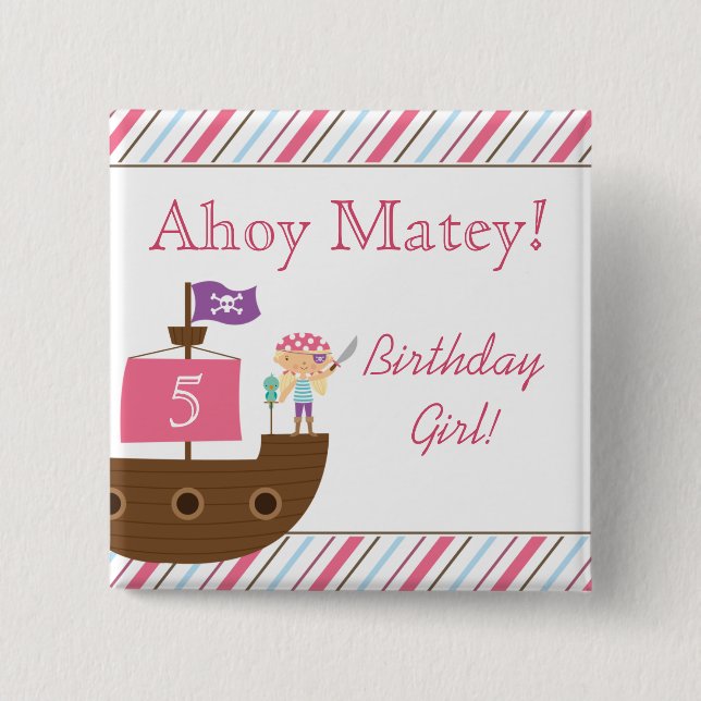 Cute pink girl's pirate birthday party buttons (Front)
